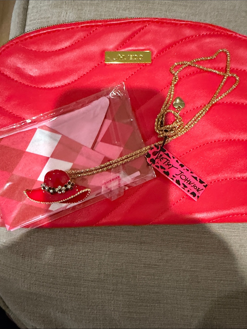 Betsey Johnson necklace Red Quilted Cosmetic Pouch and bag scarf